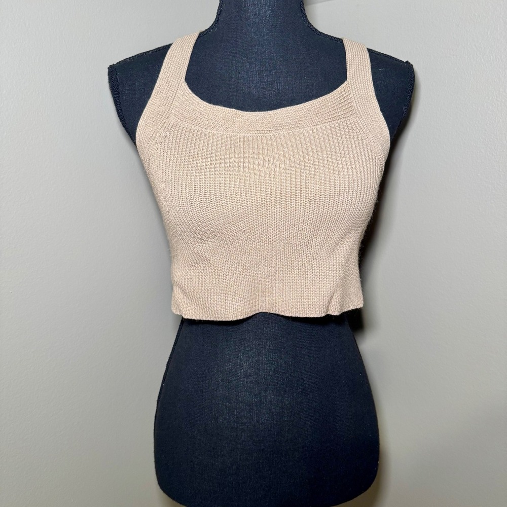 Wilfred Aritzia Womens XS Beige Ribbed Knit Open Back Tie Crop Top
